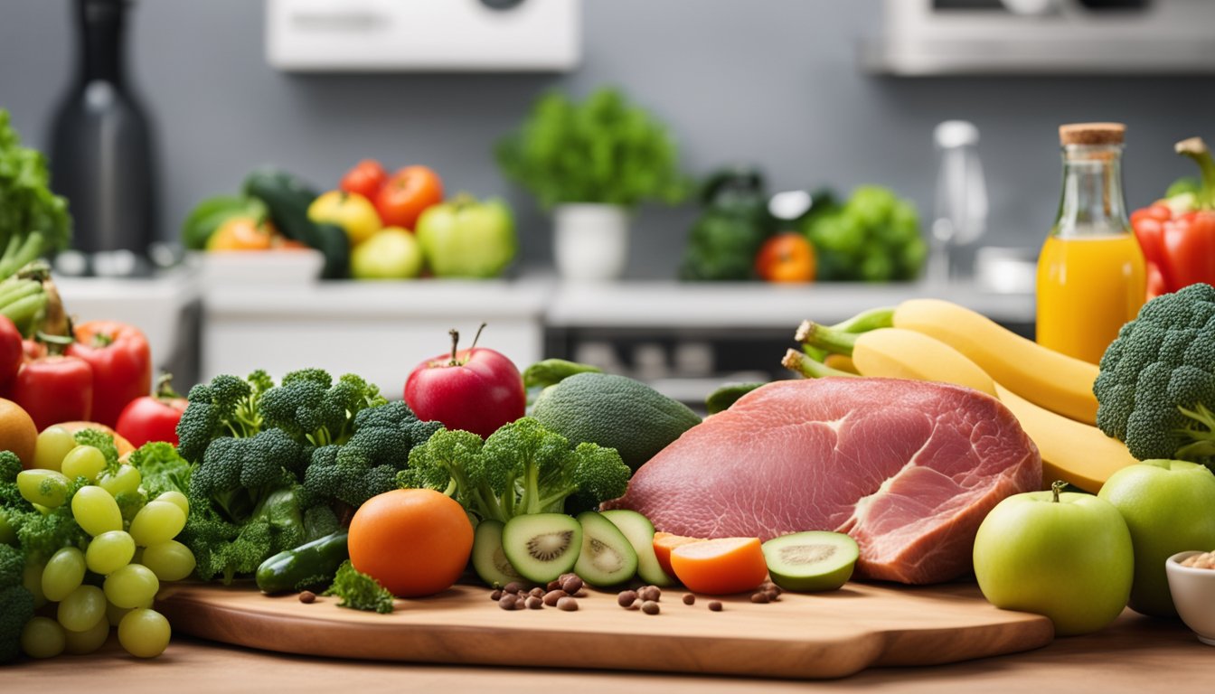 A healthy liver surrounded by various fruits and vegetables, with a bottle of Xylooligosaccharide in the background