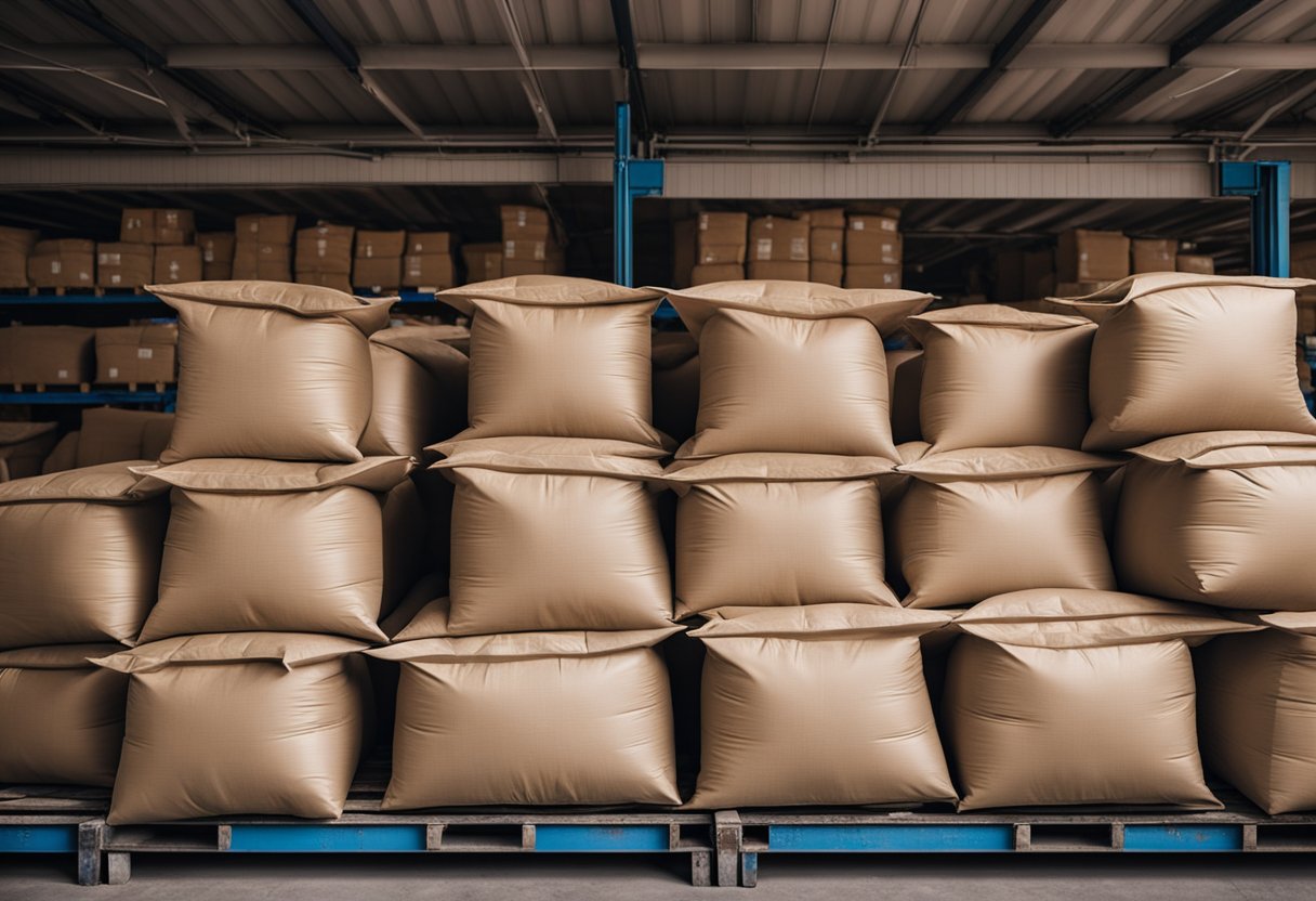 A warehouse filled with large sacks of Xylooligosaccharide, stacked neatly in rows under bright industrial lighting