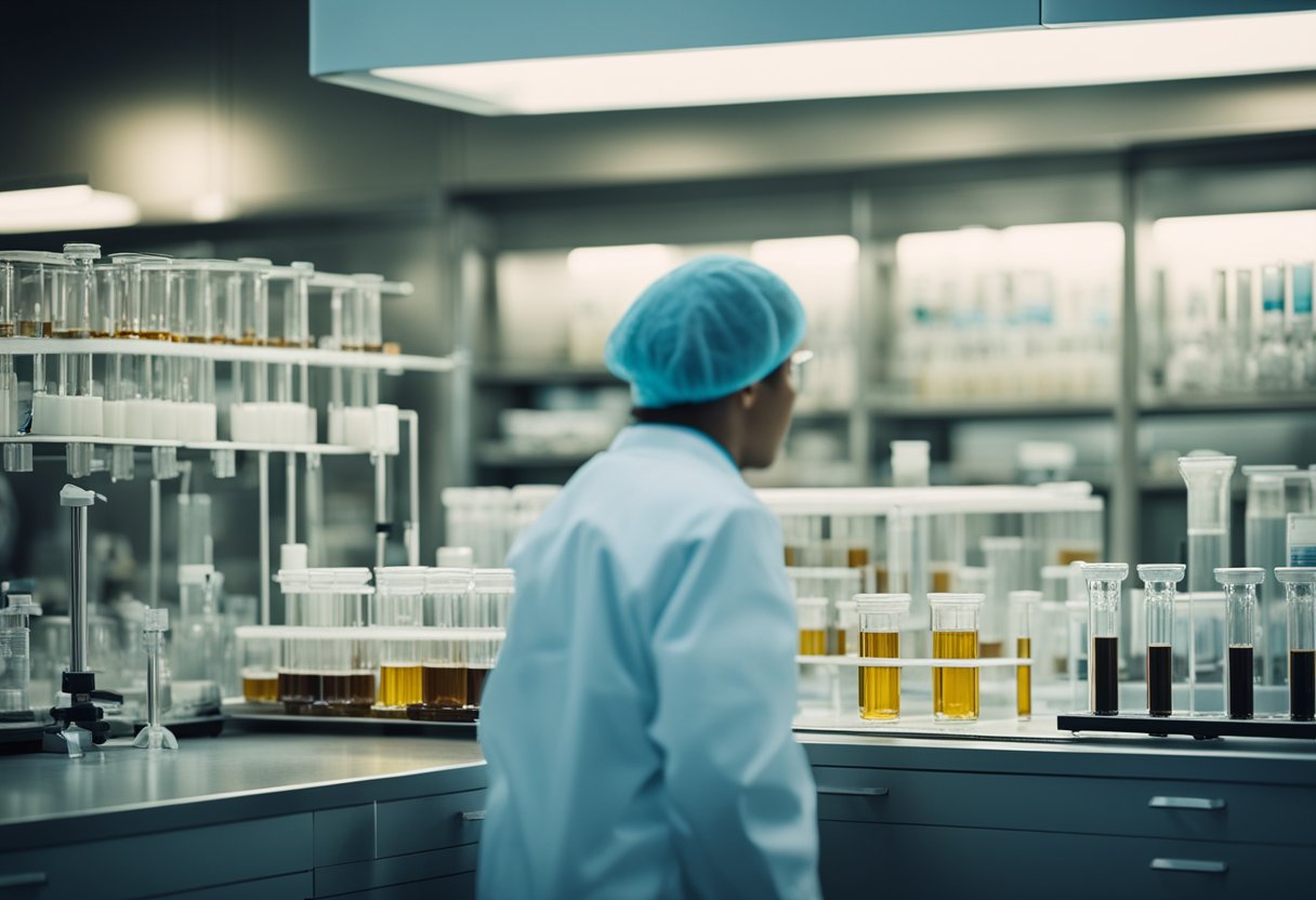 A laboratory setting with beakers, test tubes, and scientific equipment, with a sample of xylooligosaccharide being analyzed by a researcher