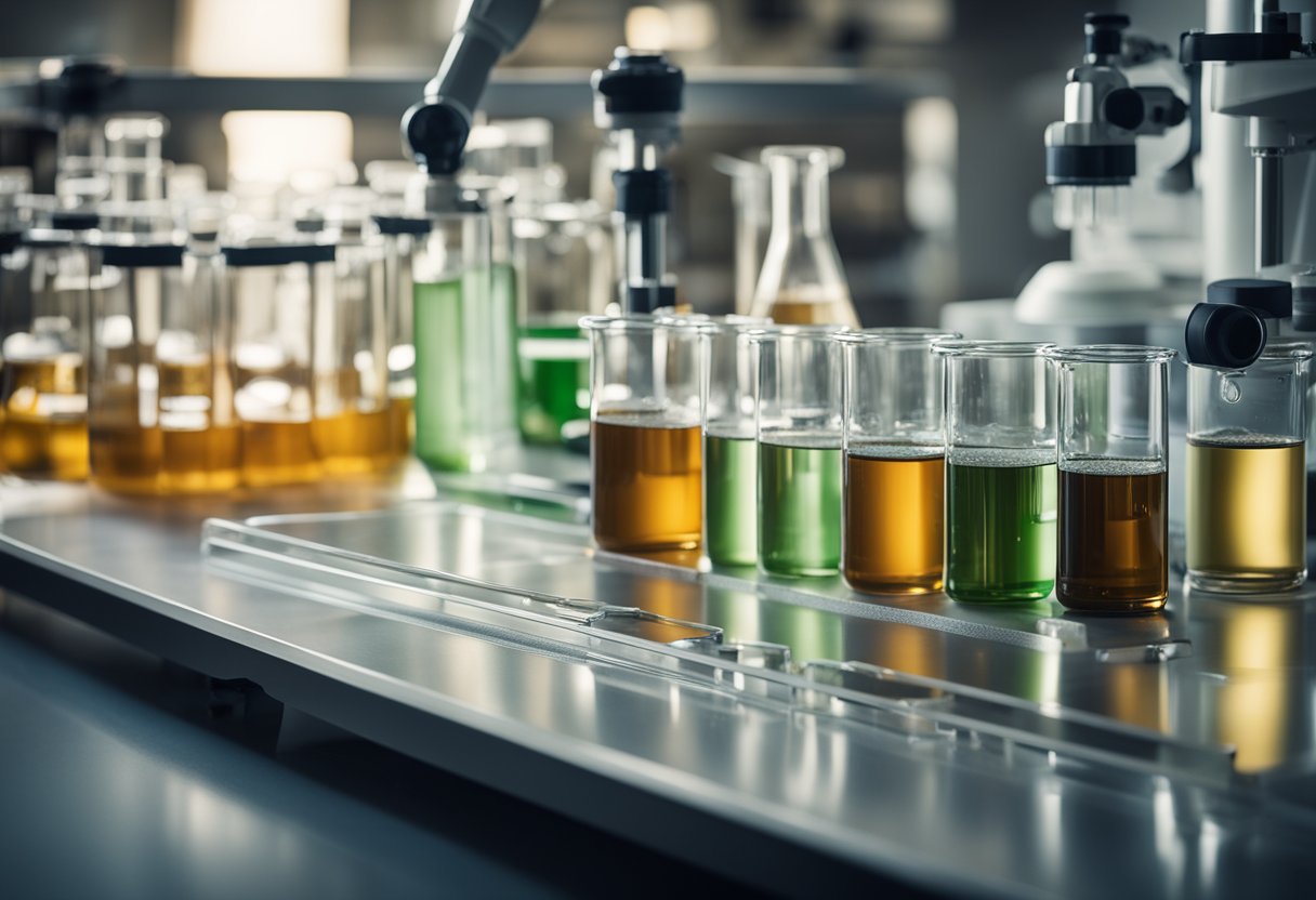 A laboratory setting with beakers, test tubes, and scientific equipment, with xylooligosaccharide powder being measured and packaged for wholesale pricing